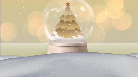 snow falling over winter landscape against shooting star around christmas tree in snow globe