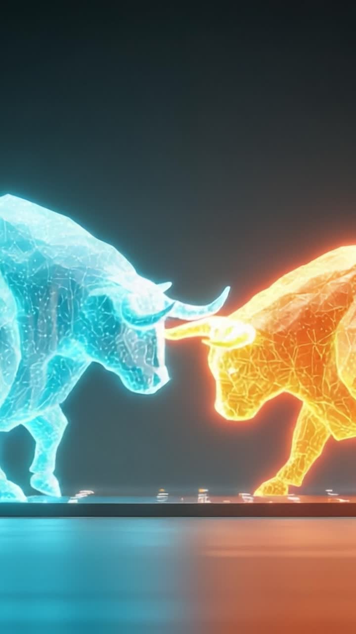Una colisión dinámica de toros digitales: una impresionante representación visual de conflicto, competición y fuerzas del mercado en un espacio futurista
