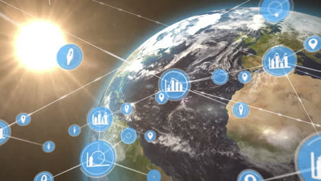 animation of network of digital icons over light spot and spinning globe