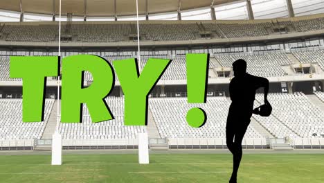 animation of try text with rugby player silhouette at stadium