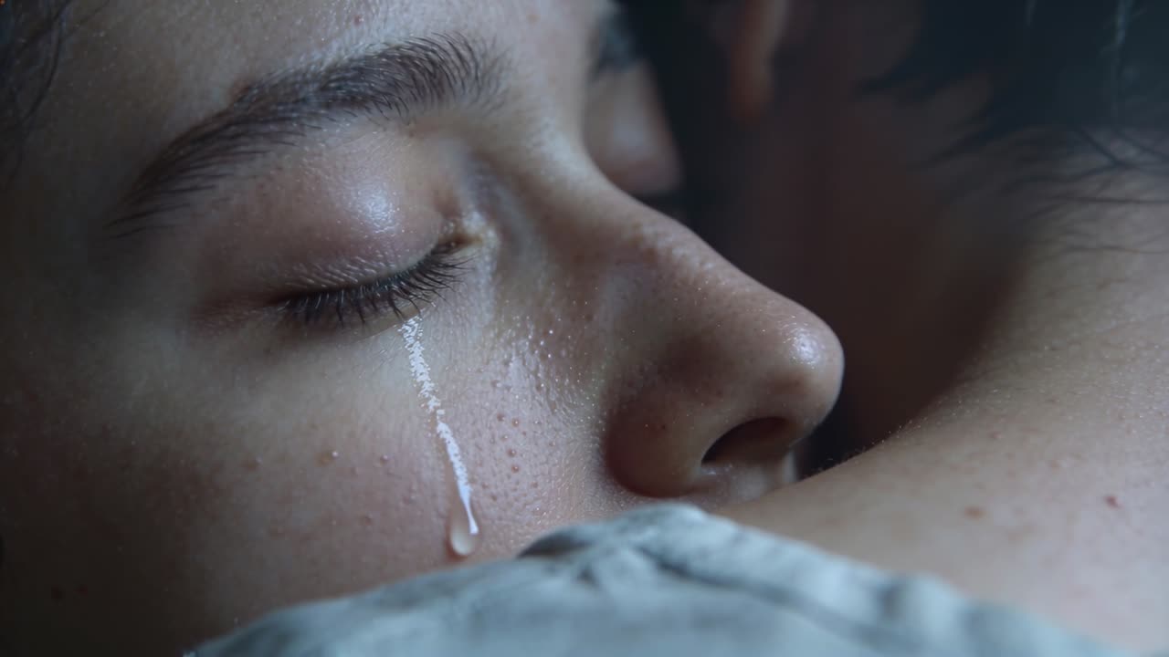 집에서 위로를 찾는 십대가 파트너 어깨에 얼굴을 파묻고, 뺨에는 눈물 자국이 선명하다.