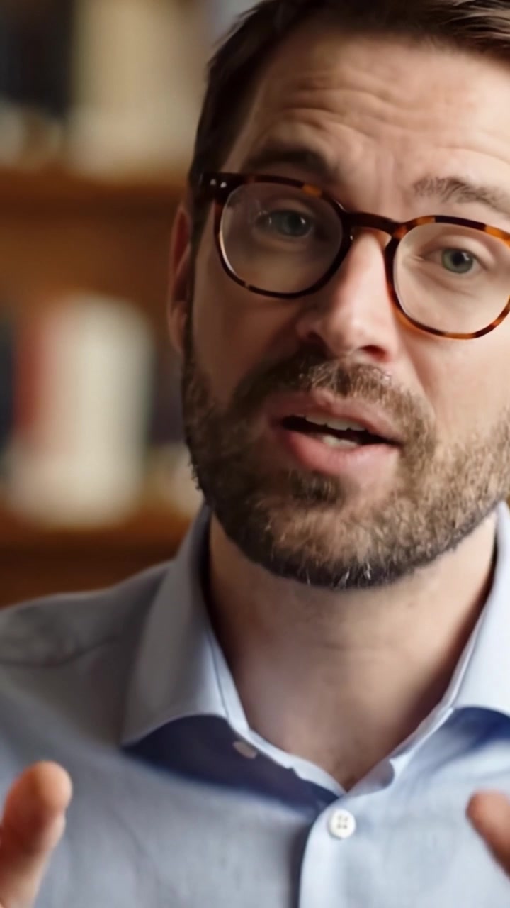 Espressioni facciali coinvolgenti e calorose di un uomo con gli occhiali, catturate in due fotogrammi, che mostrano la sua transizione da un sorriso amichevole a un'espressione pensierosa.