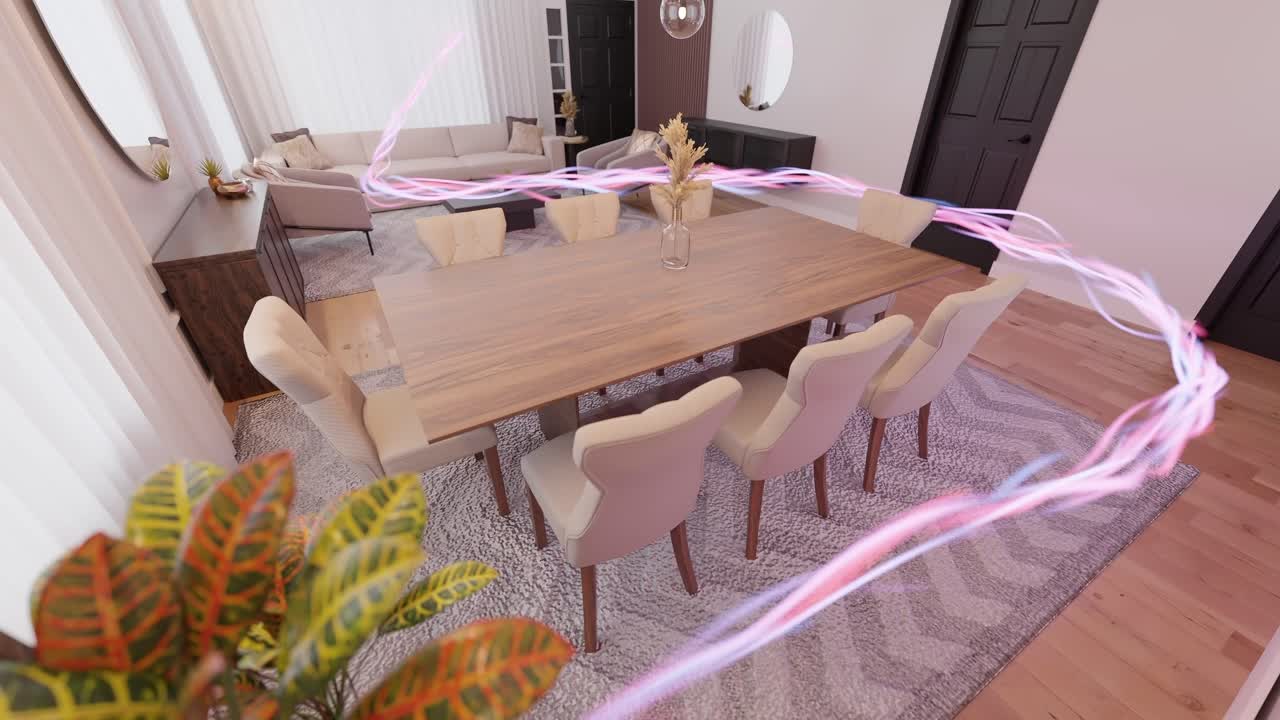 flujo de energía dentro de una sala de estar vacía casa moderna apartamento 3d renderización animación