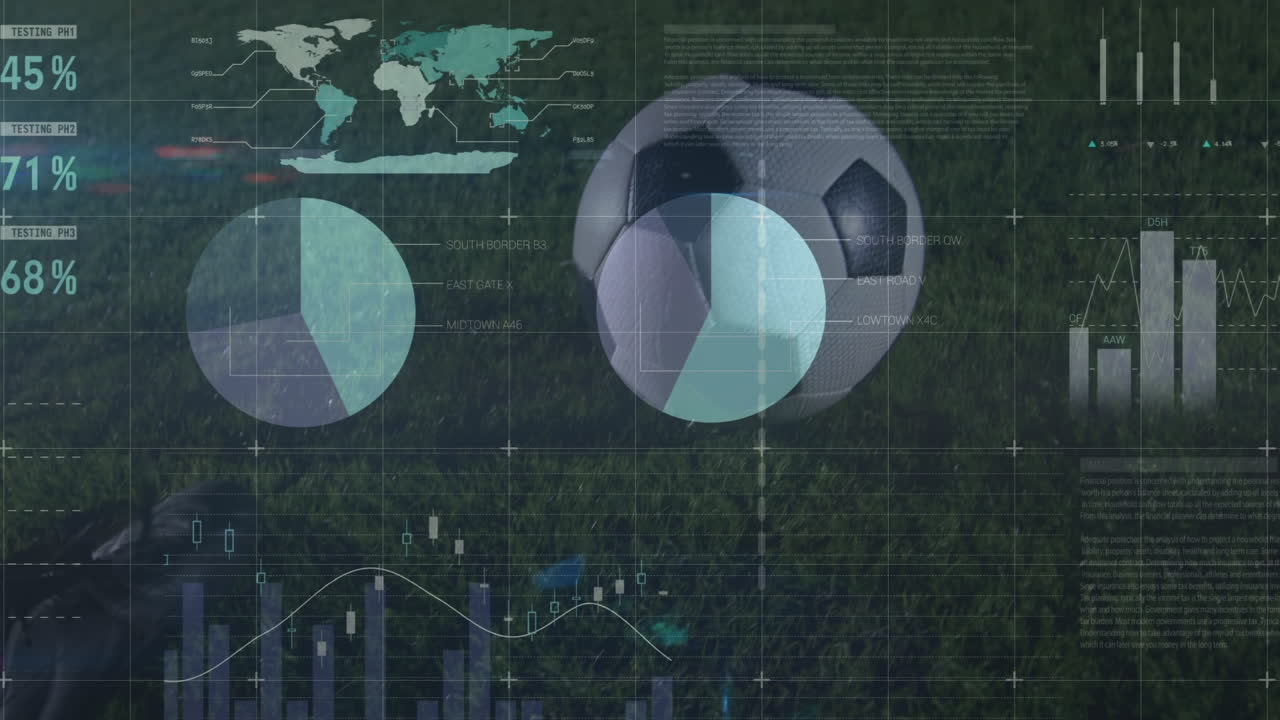 animación de gráficos y datos sobre la pelota y las piernas del jugador de fútbol afroamericano en el estadio
