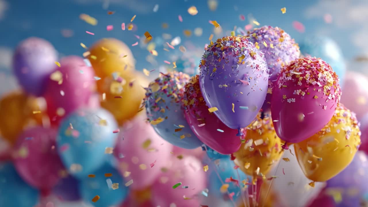 Festive Celebration with Colorful Balloons Surrounded by Glitter and Confetti in a Bright Sky Scene: A Joyful Atmosphere Perfect for Parties and Special Occasions