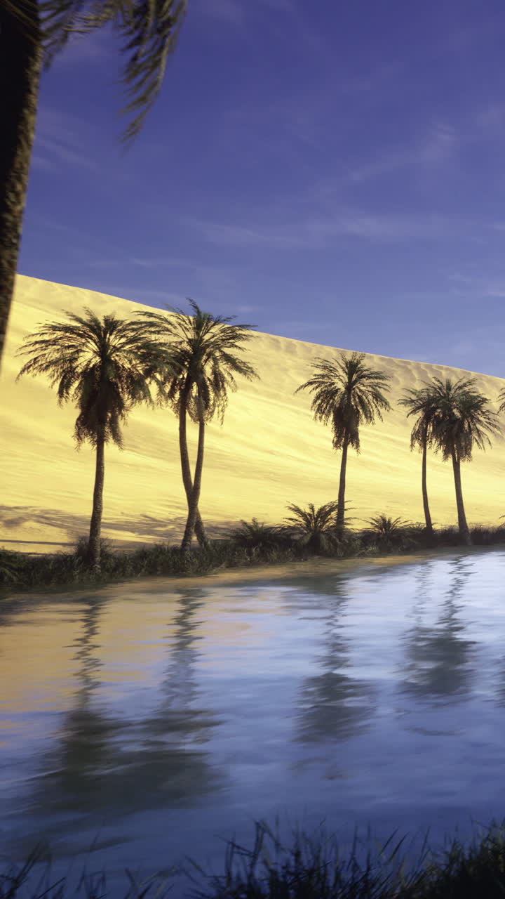 Paesaggio con palme e acqua tra le dune del deserto durante il giorno.