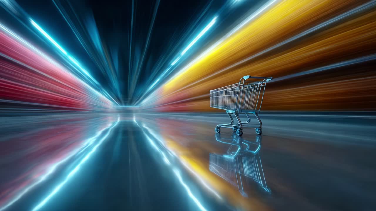 Un carrello della spesa vuoto si trova su un pavimento lucido, illuminato da striature di luce vivaci e colorate che creano un senso di velocità e movimento, enfatizzando un'esperienza di shopping surreale.