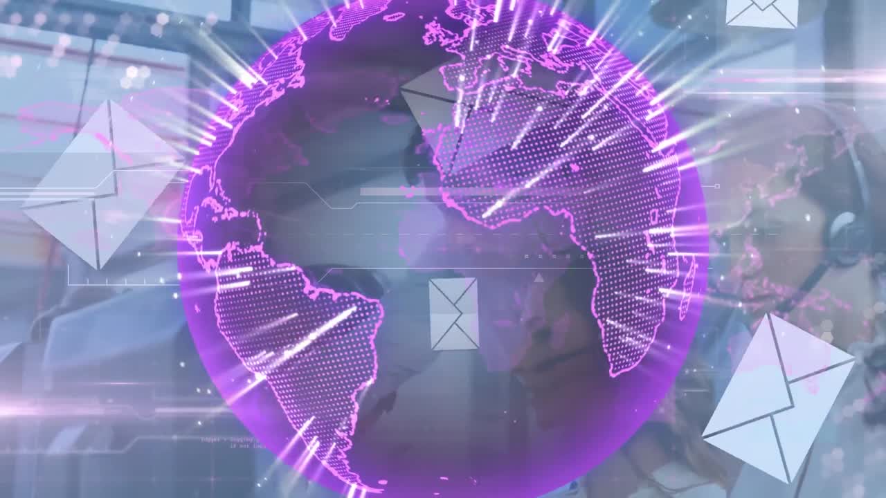 전화 헤드 ⁇ 을 착용 한 사업가 들 위 에 아이콘 이 있는 지구와 세계 지도 의 애니메이션