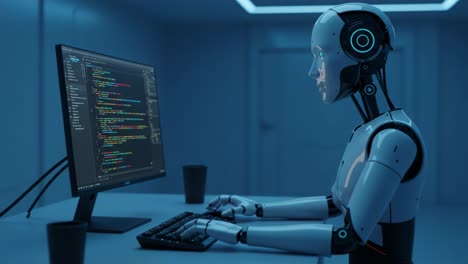 a futuristic robot engaged in programming with a computer screen displaying complex code in a high-tech environment