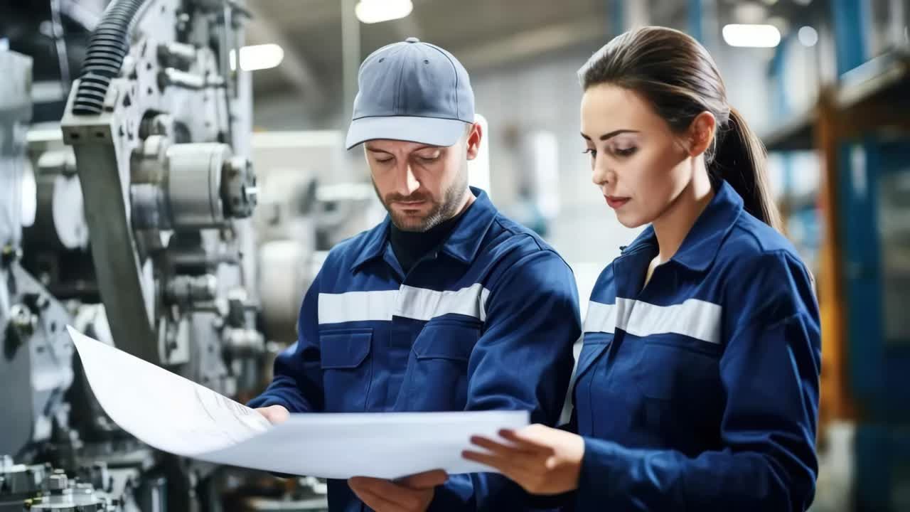 A video still of two factory workers in blue uniforms reviewing plans