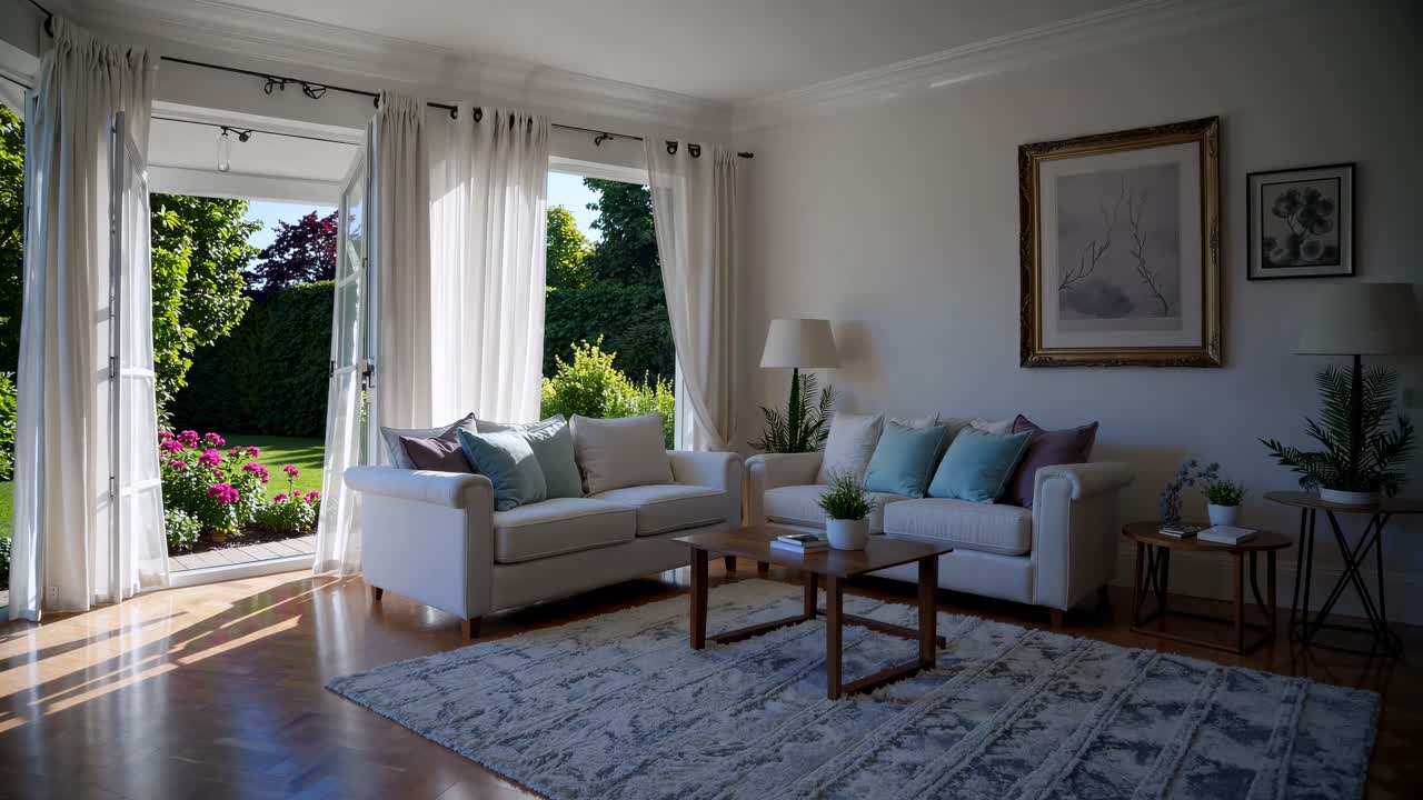 Lichte woonkamer met open deuren naar een tuin, vastgelegd vanuit een laag standpunt.