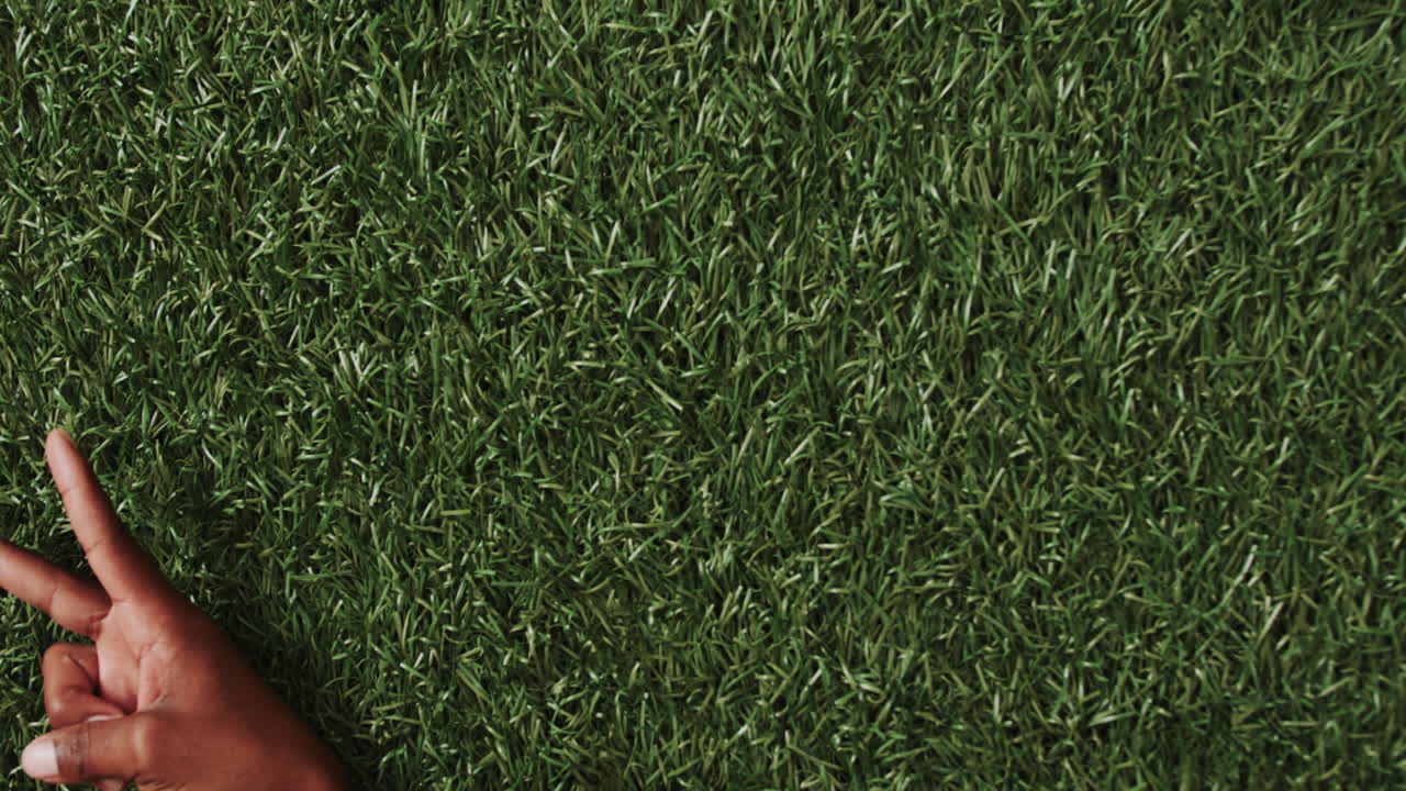 잔디 배경 에 복사 공간 을 가진 평화 표지판 을 보여 주는 두 인종 남성 의 손 의 가까운 모습