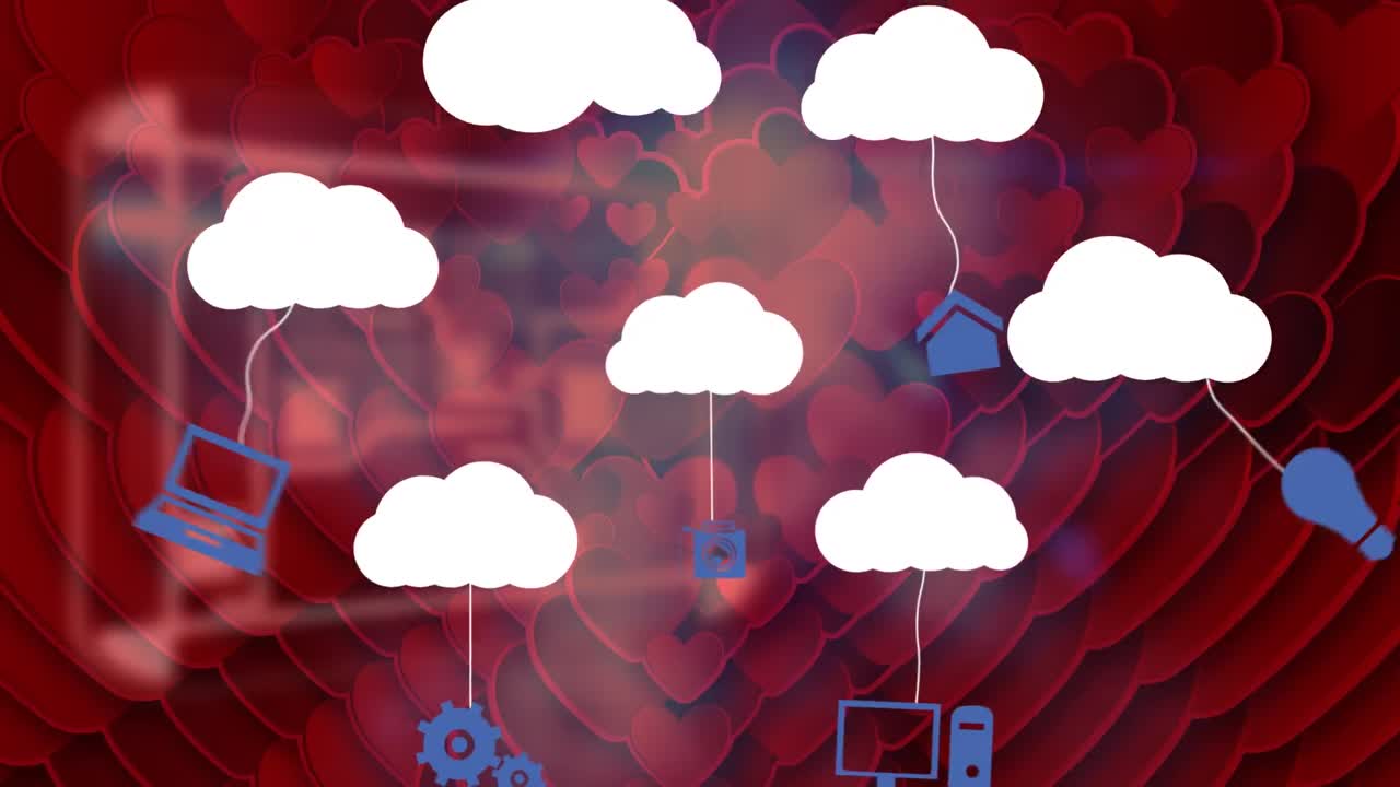 animación de corazones y nubes digitales con diversos dispositivos informáticos