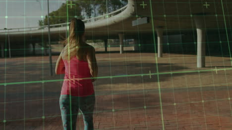 running woman in park with fitness tracking animation over her