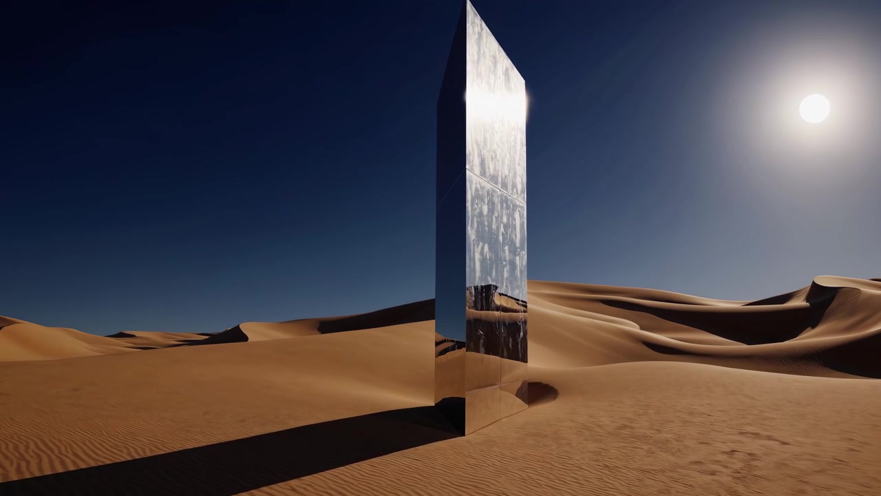 Monolite riflettente che si erge al centro di un deserto