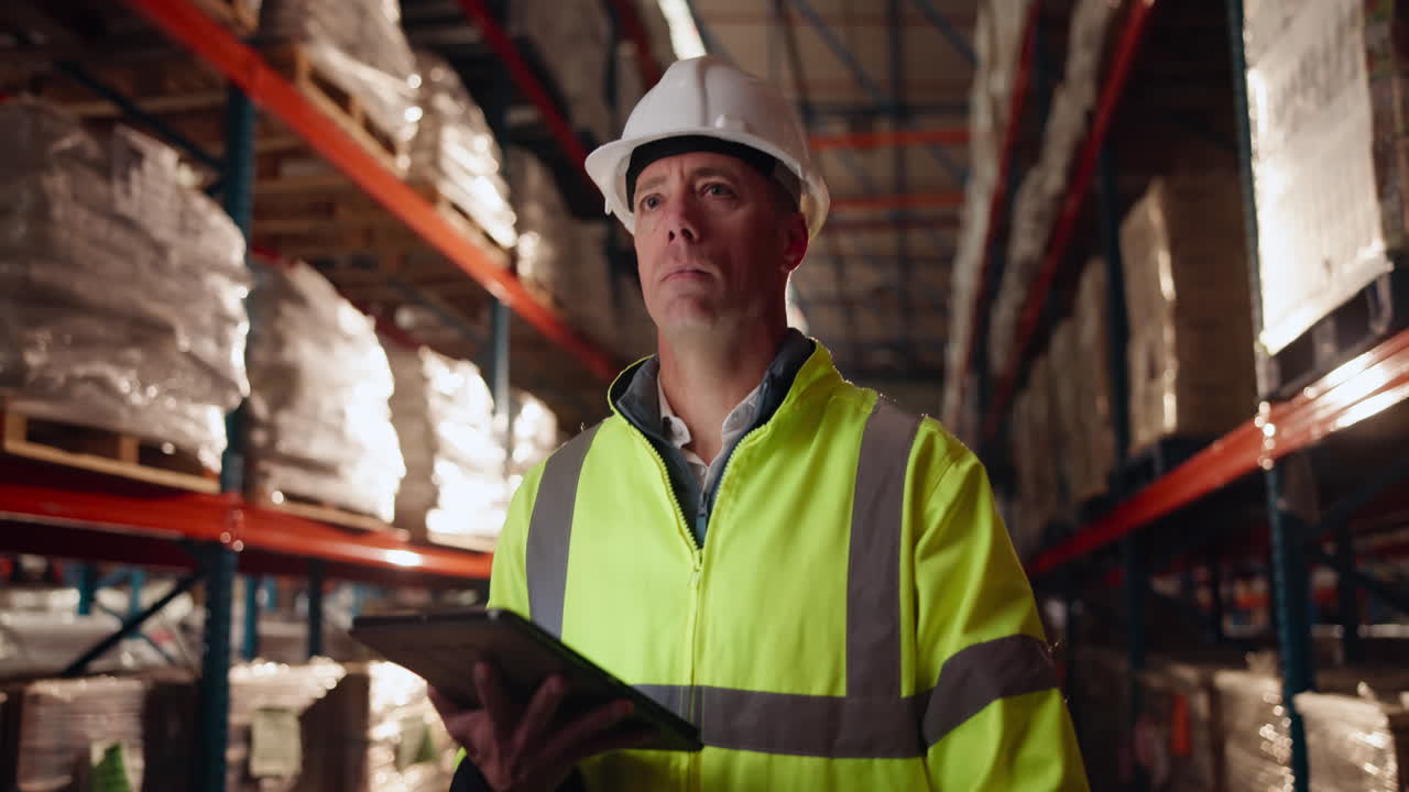 trabajador de almacén que utiliza una tableta