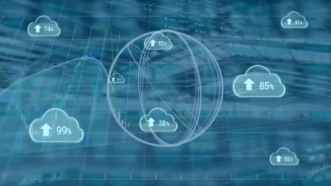 점점 더 많은 수를 가진 클라우드의 애니메이션과 빈 사무실에서 금융 데이터 처리가