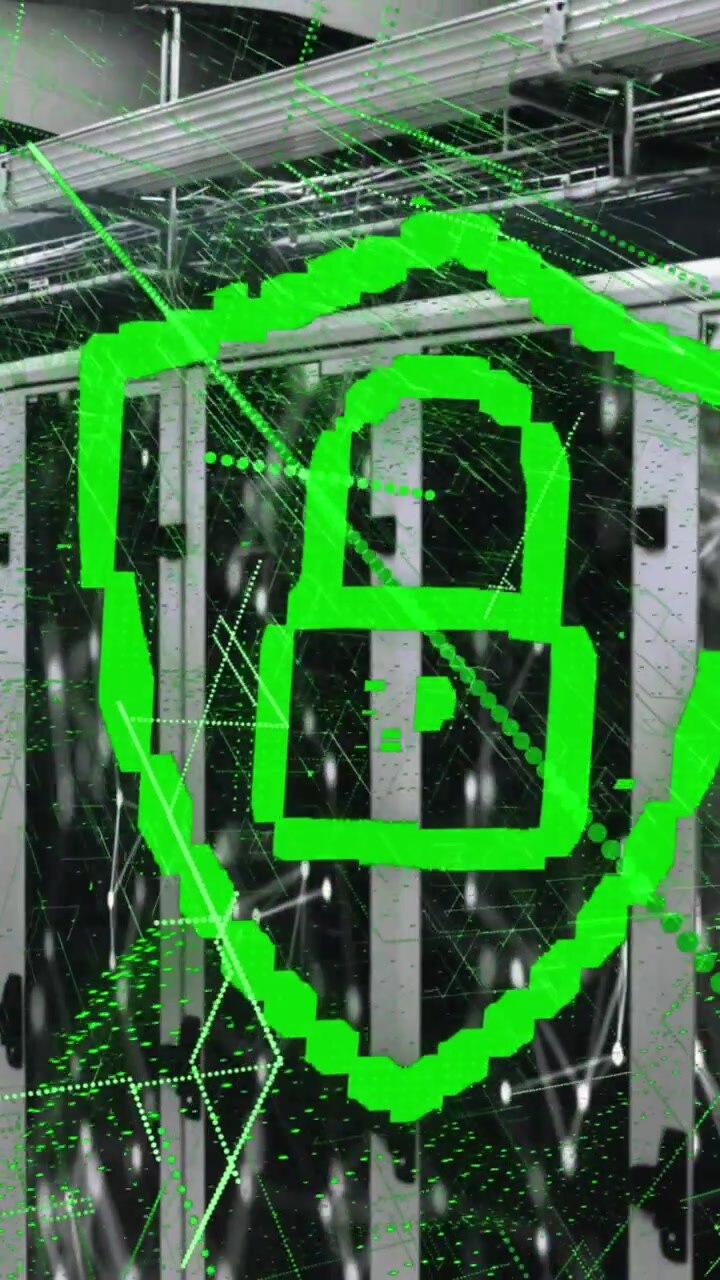 Animation of security padlock icon and green light trails against computer server room