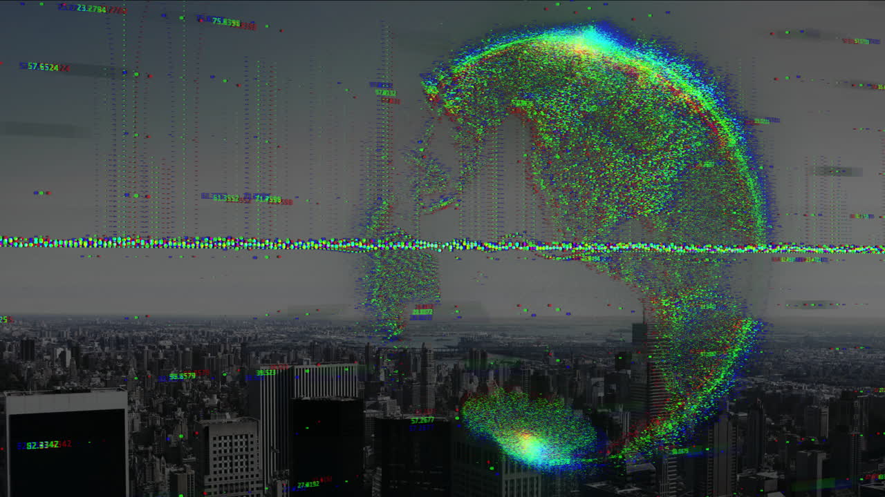 Digital globe animation over cityscape with glitch effects and data streams