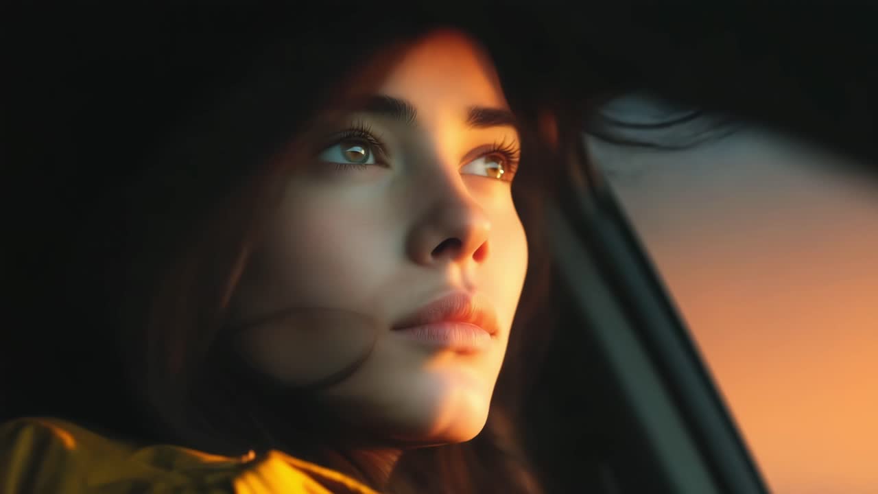 Woman in car during sunset