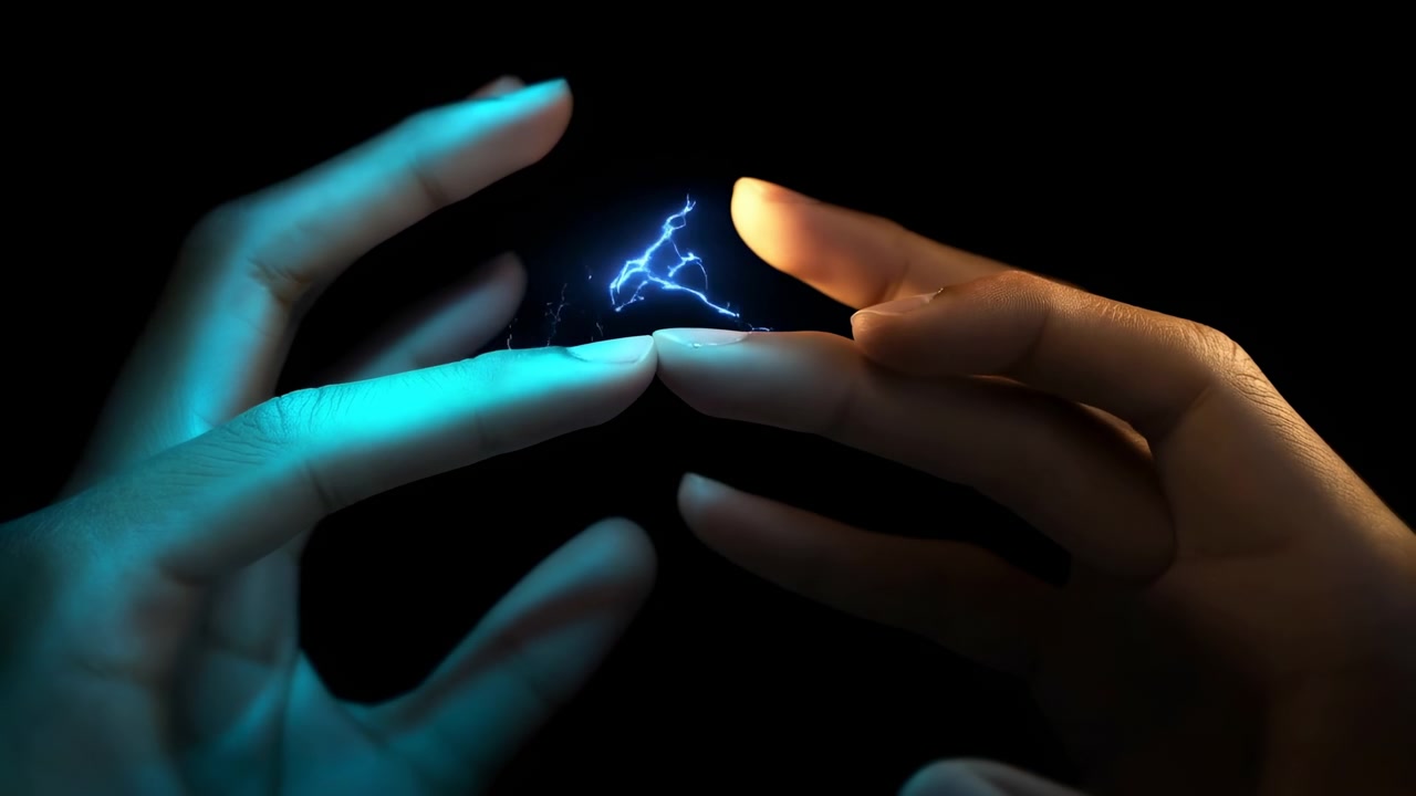 Two hands hover in close proximity, blue glow on left fingertips and warm orange on right, electric arc snapping between fingertips in a dark studio setting