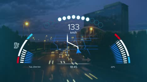 Animation-of-speedometer-and-battery-lever-over-traffic-and-night-cityscape