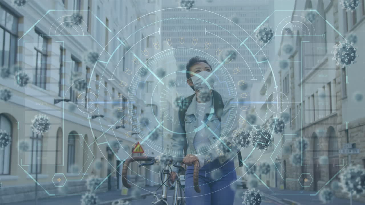 Animation of macro Covid-19 cells floating over Asian woman wearing mask on street