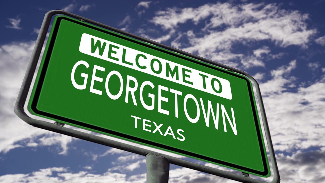 Benvenuti a Georgetown, Texas. Primo piano di un segnale stradale della città USA, animazione realistica.