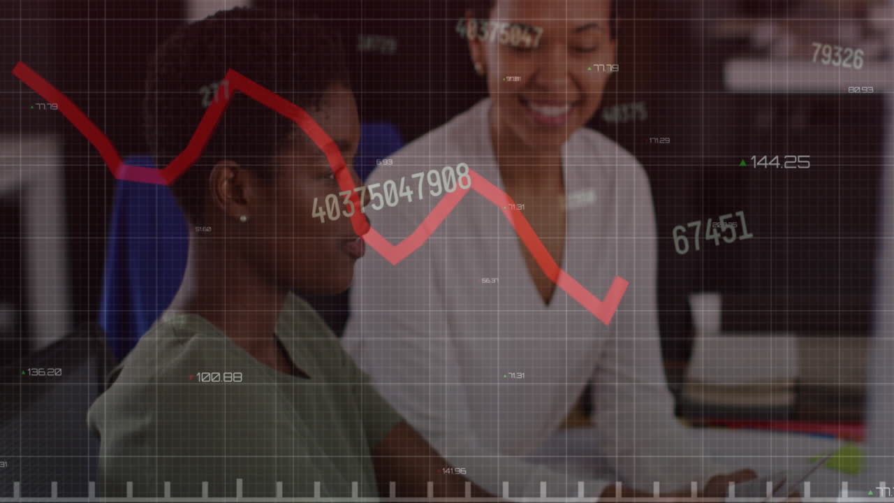 Animation of changing numbers and red graph against two diverse women discussing at office