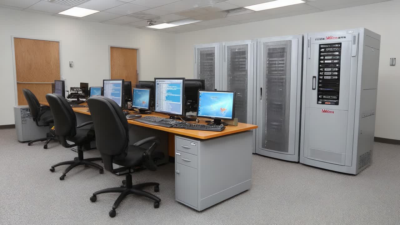 Modern Computer Lab Featuring Workstations with High-Performance Desktops and Rack-Mounted Servers, Ideal for Advanced Research and Data Processing Tasks