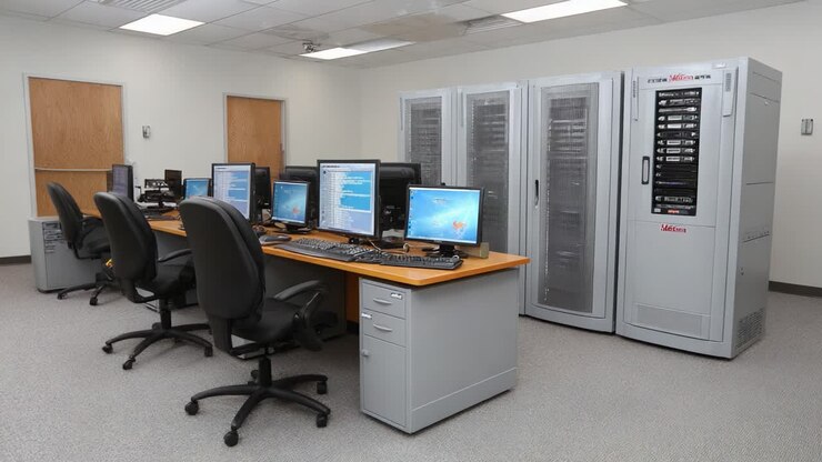 Modern computerlokaal met werkstations met krachtige desktops en rackservers, ideaal voor geavanceerd onderzoek en gegevensverwerkingstaken