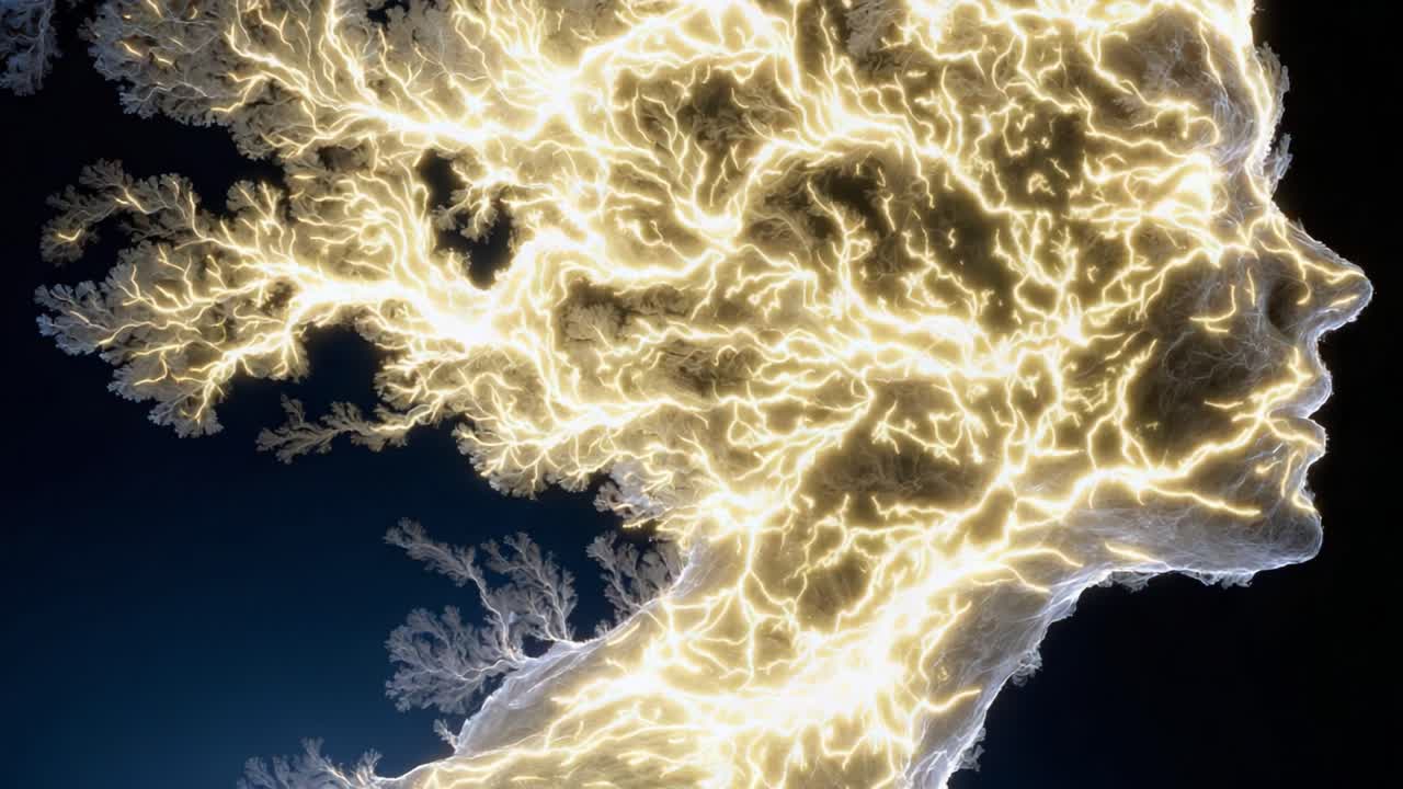 Una splendida rappresentazione visiva del pensiero e dell'emozione umana: un'esplorazione creativa di una silhouette femminile formata da intricati modelli di luce ed energia