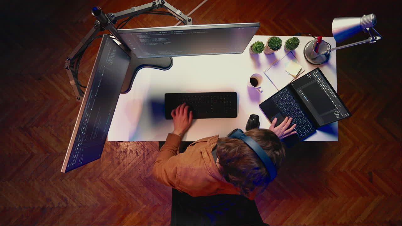 vista de arriba hacia abajo de un técnico de software fatigado tomando un descanso