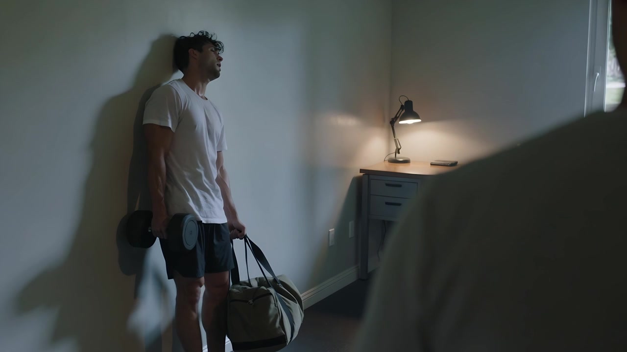 Entering room, man carrying dumbbells and lowering duffel, catching breath in light tee dark shorts