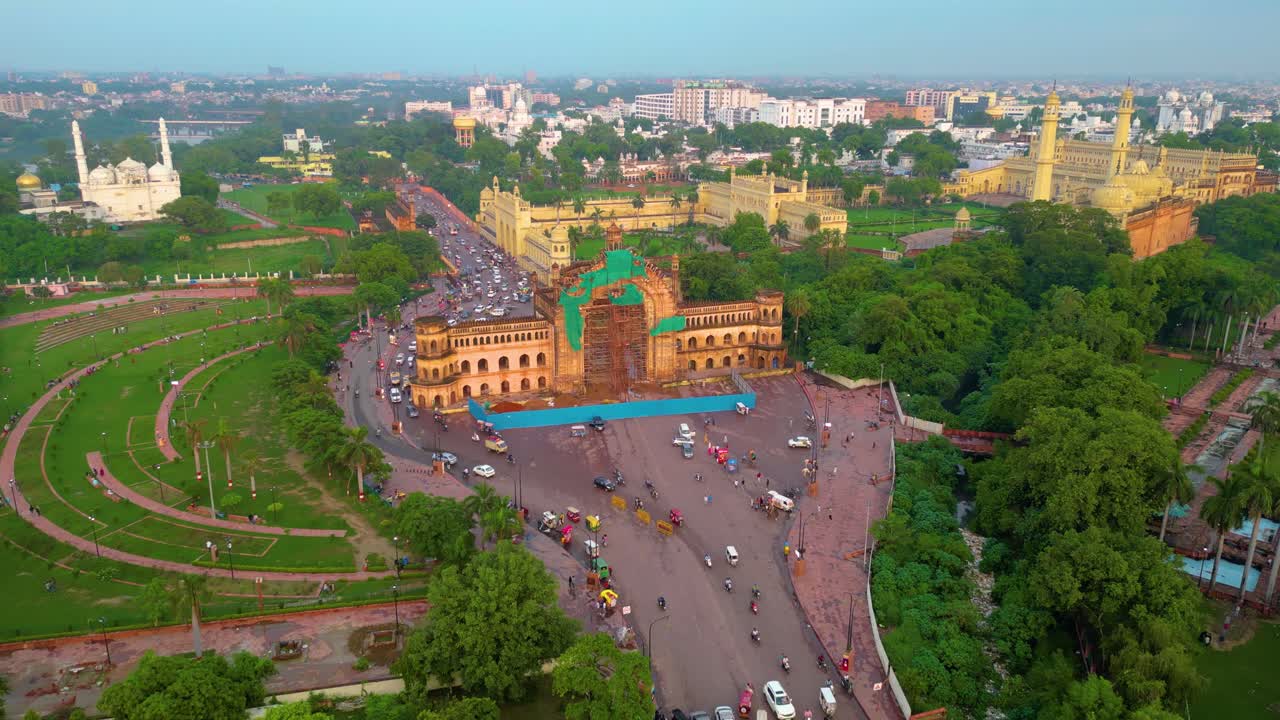 Husainabad Clock Tower and Bada Imambara India Architecture view from drone