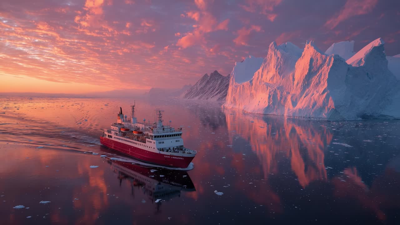 A Majestic Exploration Across Icy Waters: A Ship Navigating Through Breathtaking Icebergs Under a Colorful Sky at Dawn