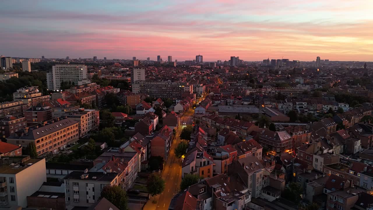 Aerial City Street Hyperlapse Brussels Night, Sunset Evere Neighborhood, Skyline