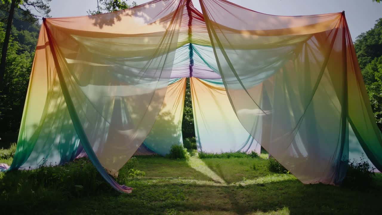 Ein im Wind aufblähender Regenbogen-Pavillon, der sich von einer zentralen Firstlinie auf einer Graslichtung verschiebt, eine Brise öffnet eine Naht.