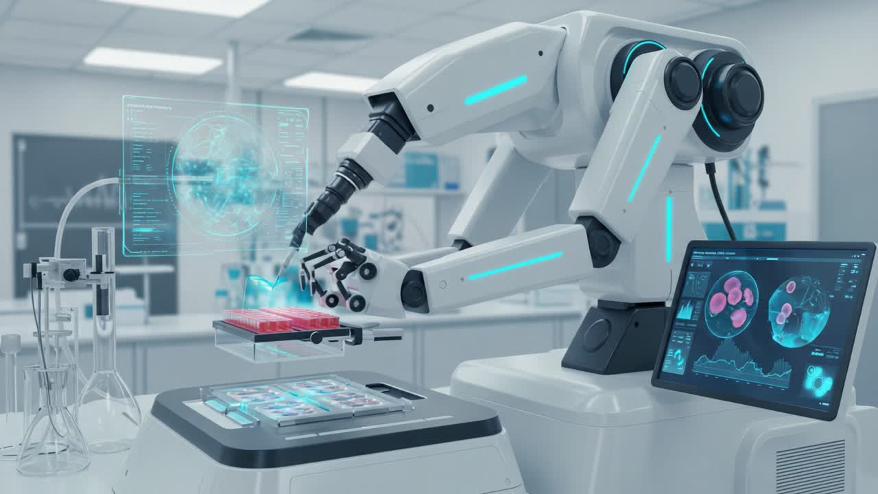 Advanced Robotic Arm in a Modern Laboratory Setting Manipulating Samples with Cutting-Edge Technology for Precise Analysis and Research Insights