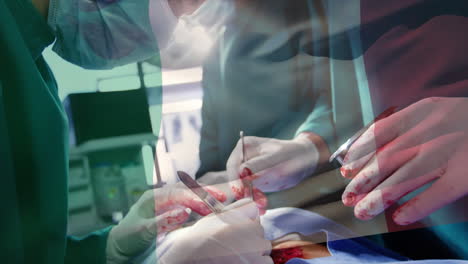 animation of flag of italy waving over surgeons in operating theatre