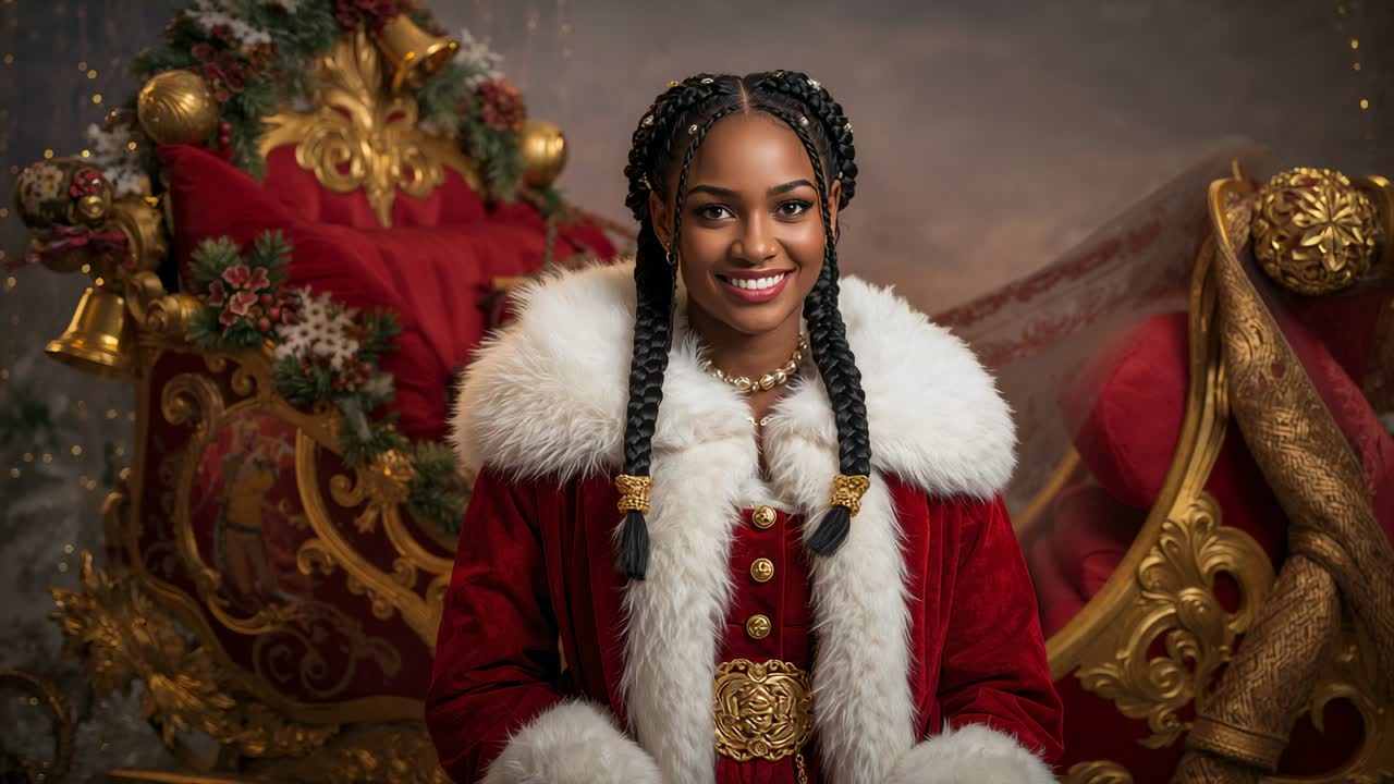 Camera click cueing woman shifting face speaking settling into pose on throne for holiday, red coat