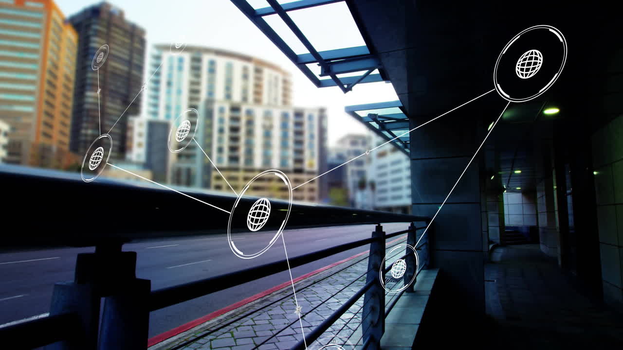 도시 풍경 위의 데이터 처리와 연결 네트워크의 애니메이션