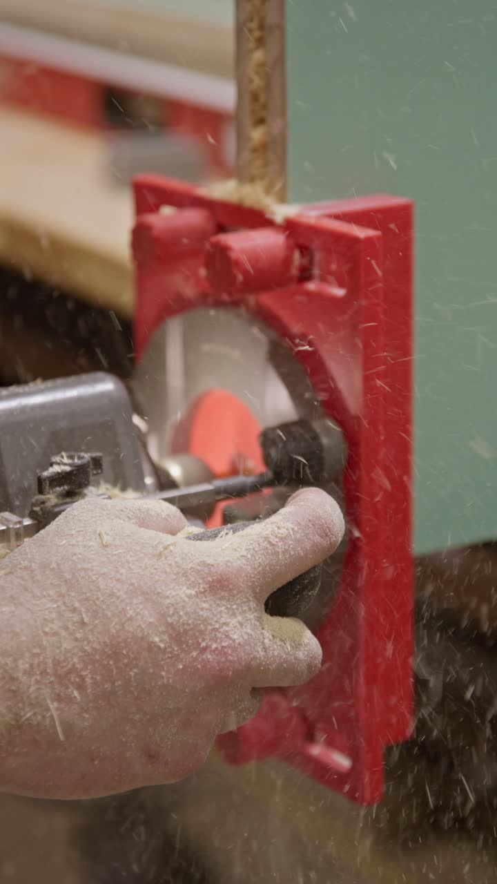 Vertical close-up shot of a circular saw blade cutting along the edge of a dark wooden door. Fine sawdust particles scatter as the blade moves through the timber, highlighting precision woodworking
