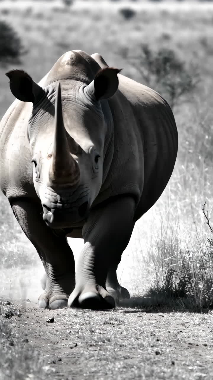 White Rhino Charging Through Savanna