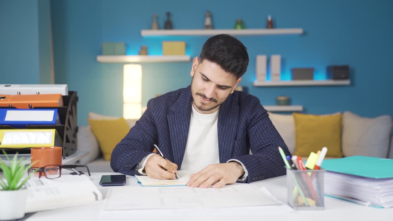el joven empleado está pensando mientras toma notas.