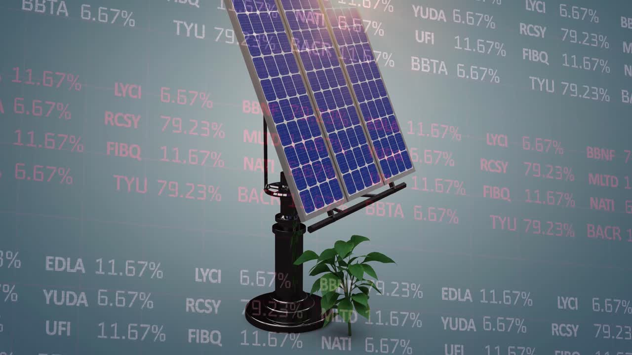 태양 전지 패널과 플랜트의 애니메이션을 움직이는 무역 보드 위에.