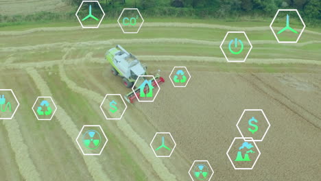 animación de iconos de sostenibilidad sobre maquinaria agrícola que trabaja en el campo
