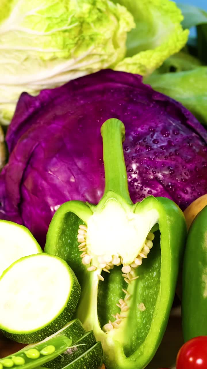 파란색 배경 에 전시 된 다양한 채소