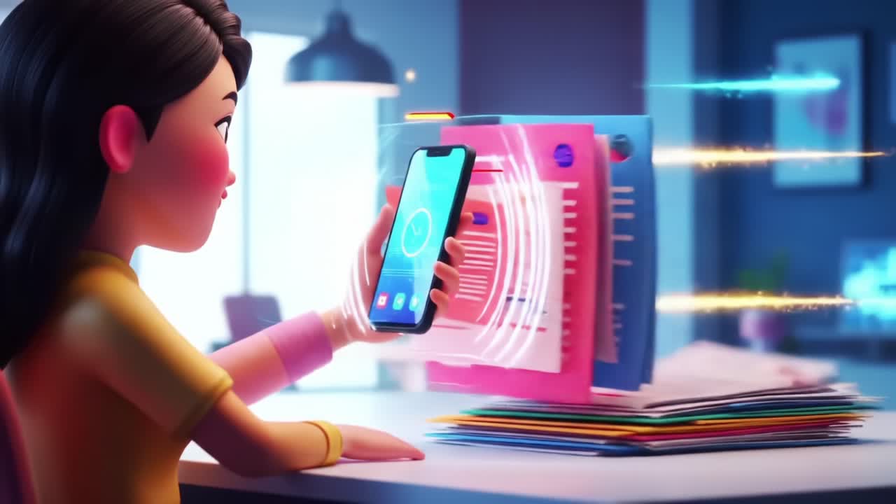 A Young Woman Engaged in Digital Organization, Using Her Smartphone to Manage Documents and Files as They Effortlessly Transition Across a Modern Workspace