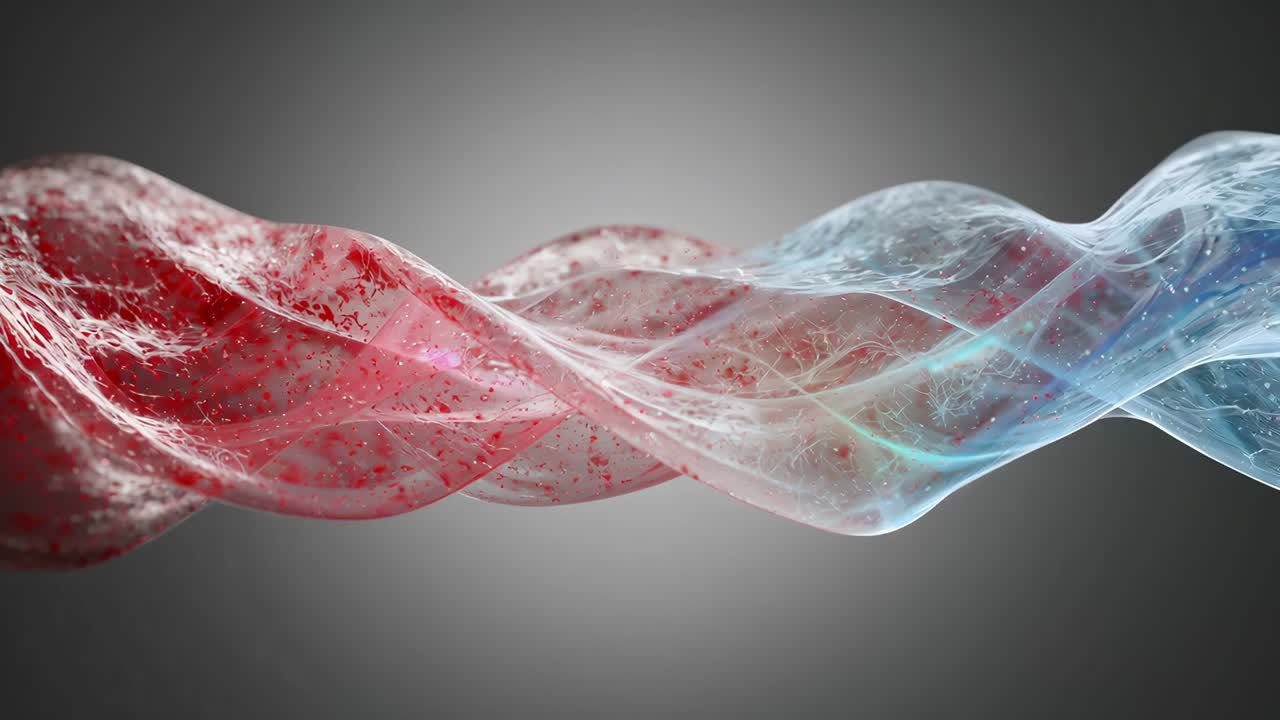 Animation starting, red-speckled and bluish ribbons twisting across grey gradient, showing speckles